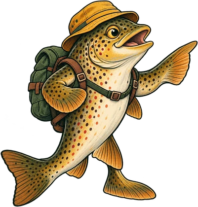 A cartoon trout explorer wearing a bucket hat and backpack